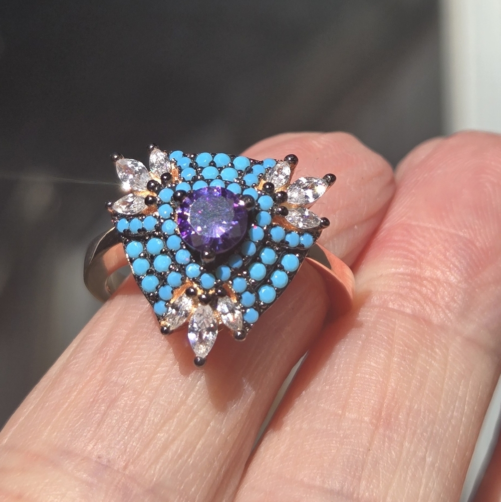 Amethyst Turquise & topaz Sterling & Rosegold Ring Sz8 - Picture 12 of 12